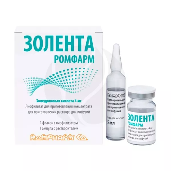 Изображение товара Золента Ромфарм лиофилизат для инфузий 4 мг, упаковка 1 флакон Изображение товара Золента Ромфарм лиофилизат для инфузий 4 мг, упаковка 1 флакон