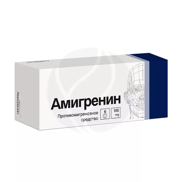 Изображение товара Амигренин таблетки покрыт. п/о 100мг, №6 Изображение товара Амигренин таблетки покрыт. п/о 100мг, №6