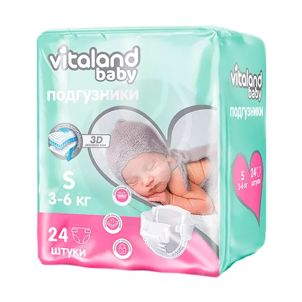 Изображение товара Vitaland baby подгузники размер S (3-6кг), 24шт Изображение товара Vitaland baby подгузники размер S (3-6кг), 24шт