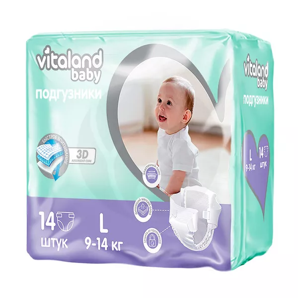 Изображение товара Vitaland baby подгузники размер L 9-14 кг, 14 шт для малышей Изображение товара Vitaland baby подгузники размер L 9-14 кг, 14 шт для малышей