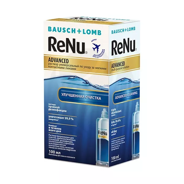 Изображение товара ReNu Advanced раствор для обработки и хранения контактных линз + контейнер, 100мл Изображение товара ReNu Advanced раствор для обработки и хранения контактных линз + контейнер, 100мл