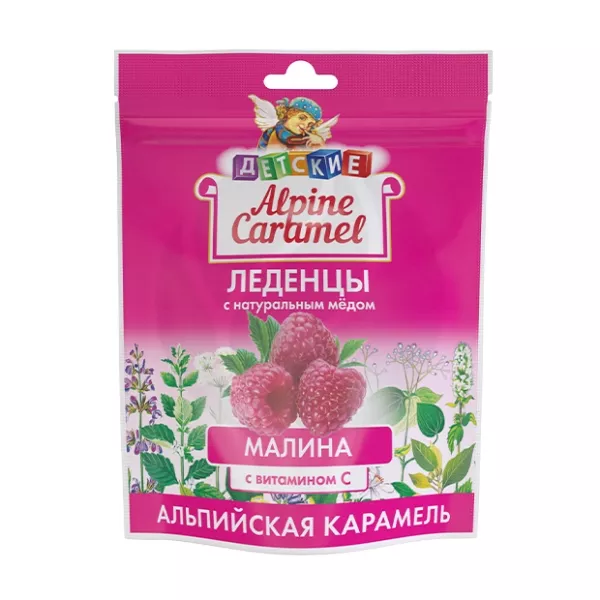 Изображение товара Alpine Caramel Детские леденцы с натуральным медом и витамином С, вкус Малина, 75г