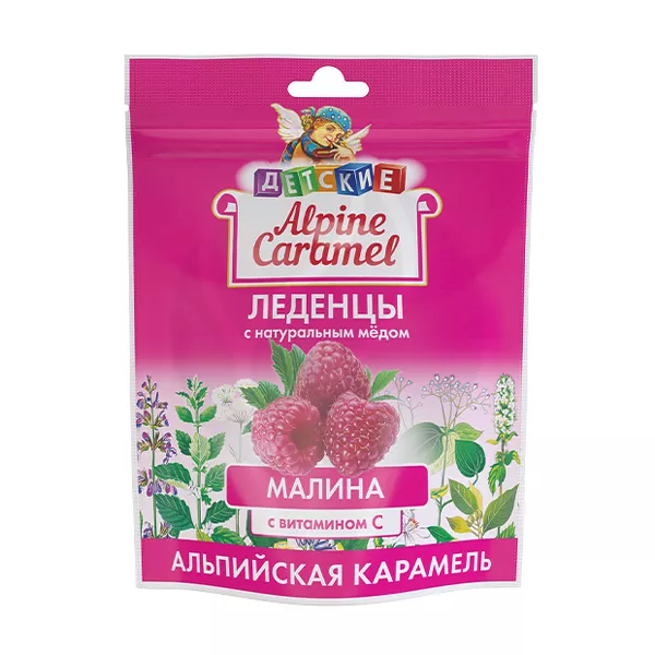 Изображение товара Детские леденцы Alpine Caramel с медом и витамином C, вкус малина, 75 г
