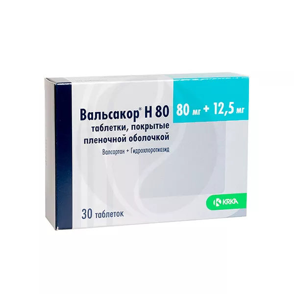Изображение товара Вальсакор Н 80 таблетки валсартан+гидрохлоротиазид 80мг+12,5мг №30 Изображение товара Вальсакор Н 80 таблетки валсартан+гидрохлоротиазид 80мг+12,5мг №30