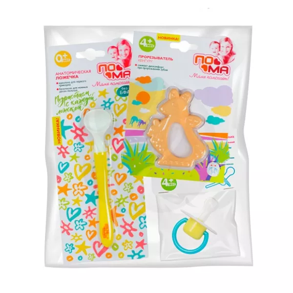 Изображение товара Набор Пома: ложка, прорезыватель 'Кенгуру', силиконовая соска-пустышка