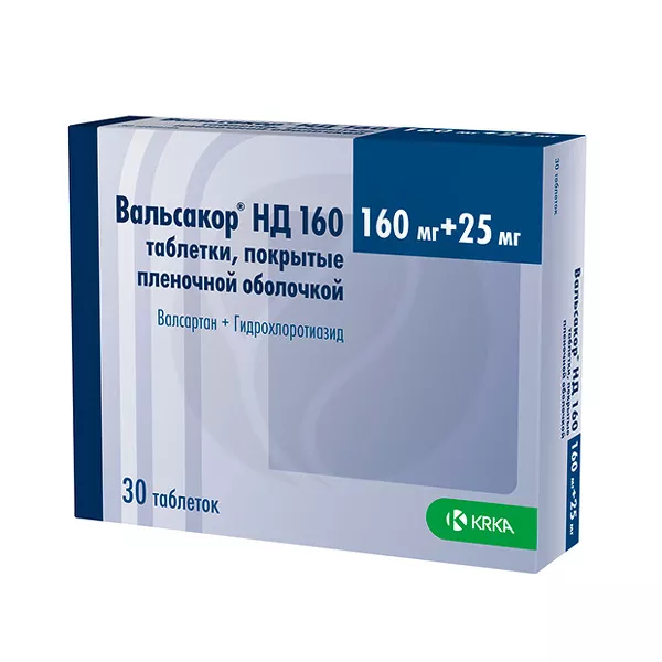 Изображение товара Вальсакор НД 160 таблетки покрыт. п/о 160мг+25мг, №30 Изображение товара Вальсакор НД 160 таблетки покрыт. п/о 160мг+25мг, №30