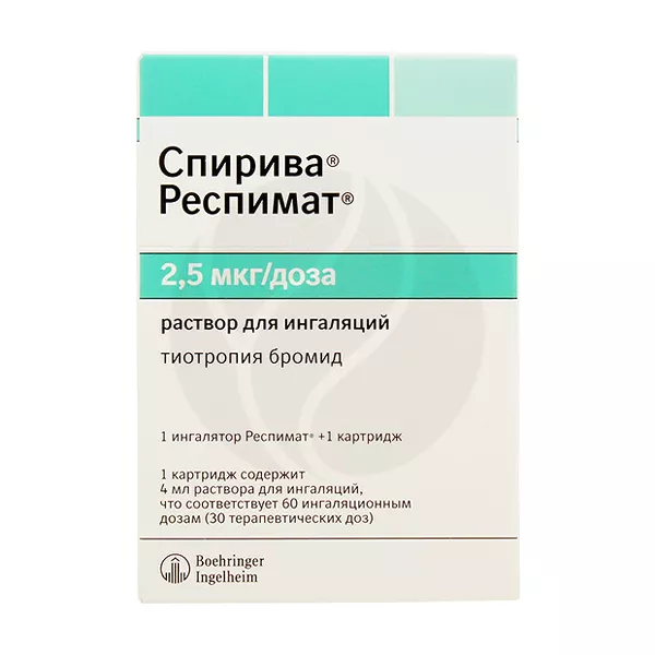 Изображение товара Спирива Респимат раствор для ингаляций 2,5 мкг 4 мл 60 доз Изображение товара Спирива Респимат раствор для ингаляций 2,5 мкг 4 мл 60 доз