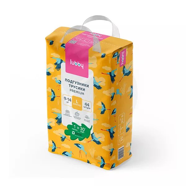 Изображение товара Lubby Premium подгузники-трусики р.L (9-14кг), 44шт Изображение товара Lubby Premium подгузники-трусики р.L (9-14кг), 44шт
