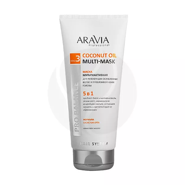 Изображение товара Aravia Professional Coconut Oil Multi-Mask маска мультиактивная 5 в 1 для регенерации ослабленных волос и проблемной кожи головы, 200мл Изображение товара Aravia Professional Coconut Oil Multi-Mask маска мультиактивная 5 в 1 для регенерации ослабленных волос и проблемной кожи головы, 200мл