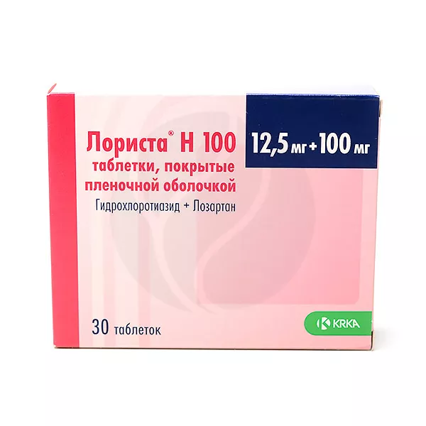 Изображение товара Лориста Н 100 таблетки покрытые пленочной оболочкой гипотензивное средство 12,5мг+100мг 30 шт