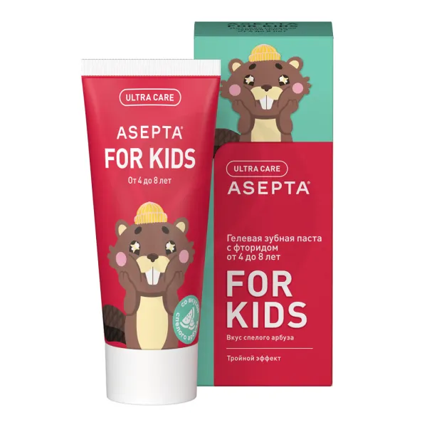 Изображение товара Asepta For Kids гелевая зубная паста с фторидом для детей от 4 до 8 лет со вкусом спелого арбуза, 50мл