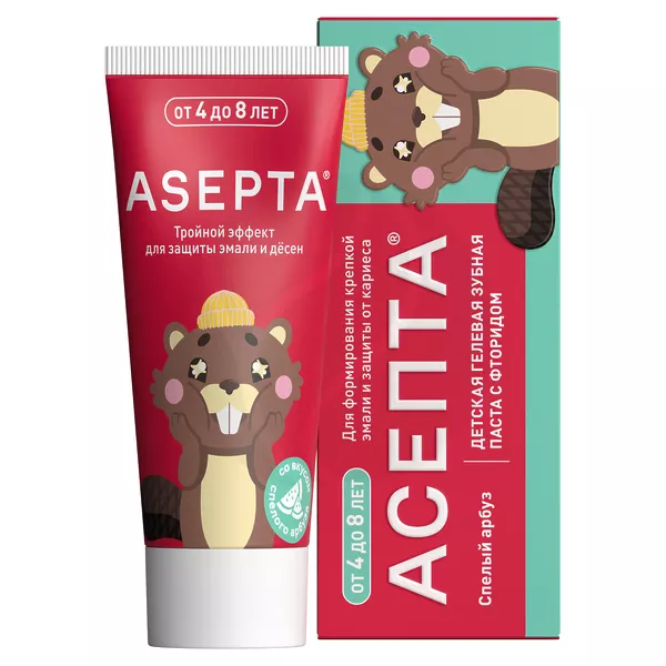 Изображение товара Детская зубная паста ASEPTA FOR KIDS со вкусом арбуза 50мл, защита от кариеса Изображение товара Детская зубная паста ASEPTA FOR KIDS со вкусом арбуза 50мл, защита от кариеса