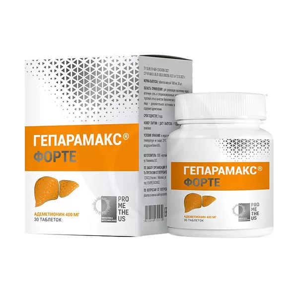 Изображение товара Адеметионин Гепарамакс форте таблетки покрыт. п/о, №30 Изображение товара Адеметионин Гепарамакс форте таблетки покрыт. п/о, №30