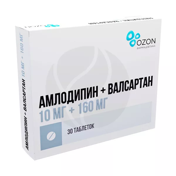 Изображение товара Амлодипин+Валсартан таблетки покрыт. п/о 10мг+160мг, №30 Озон Изображение товара Амлодипин+Валсартан таблетки покрыт. п/о 10мг+160мг, №30 Озон