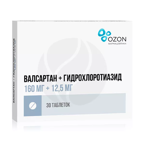Изображение товара Валсартан+Гидрохлоротиазид таблетки покрыт. п/о 160мг+12,5мг, №30 Озон Изображение товара Валсартан+Гидрохлоротиазид таблетки покрыт. п/о 160мг+12,5мг, №30 Озон