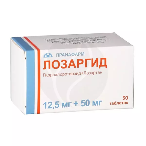 Изображение товара Лозаргид таблетки покрытые пленочной оболочкой 12,5мг+50мг, №30 Изображение товара Лозаргид таблетки покрытые пленочной оболочкой 12,5мг+50мг, №30