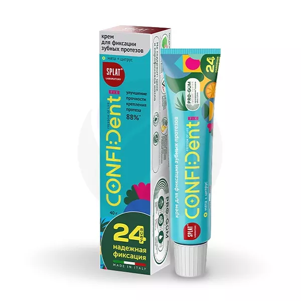 Изображение товара Крем для фиксации протезов Splat CONFIDent Fix Мята-цитрус 40 г Изображение товара Крем для фиксации протезов Splat CONFIDent Fix Мята-цитрус 40 г