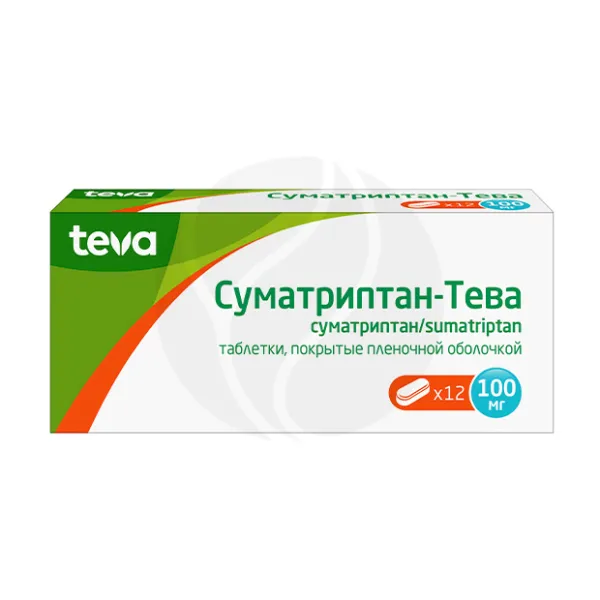 Изображение товара Суматриптан-Тева таблетки 100 мг для купирования мигрени, 12 шт