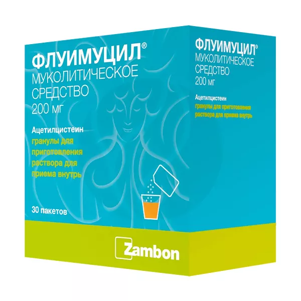 Изображение товара Сироп, гранулы Флуимуцил 200 мг/порция (Zambon) — муколитик для приема внутрь