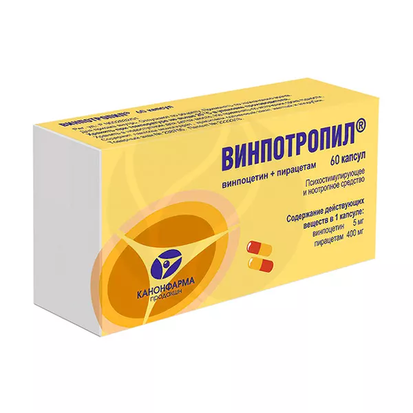 Изображение товара Винпотропил капсулы 5мг+400мг, №60 Канонфарма Изображение товара Винпотропил капсулы 5мг+400мг, №60 Канонфарма