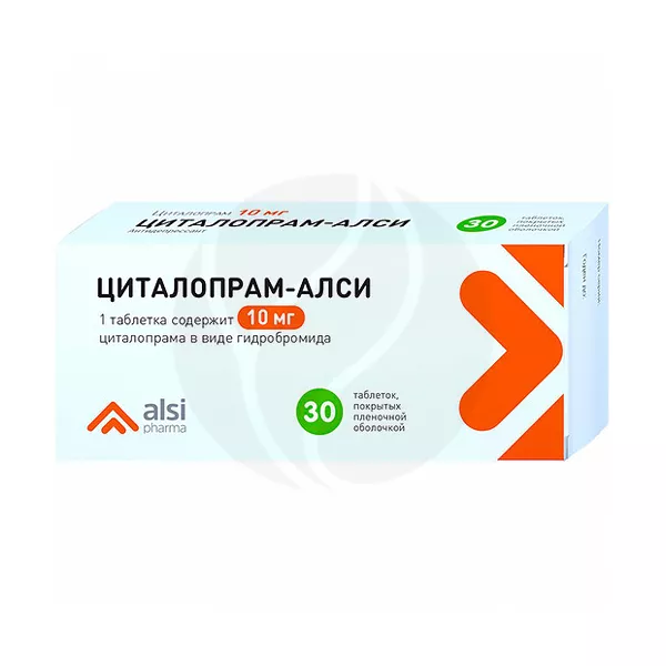 Изображение товара Циталопрам-Алси 10 мг таблетки покрытые пленочной оболочкой №30 для депрессии Изображение товара Циталопрам-Алси 10 мг таблетки покрытые пленочной оболочкой №30 для депрессии