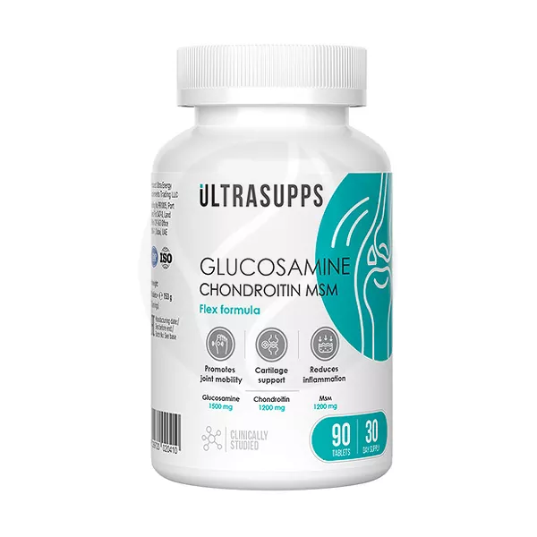 Изображение товара Ultrasupps Глюкозамин Хондроитин МСМ Флекс формула таблетки, 90 шт Изображение товара Ultrasupps Глюкозамин Хондроитин МСМ Флекс формула таблетки, 90 шт