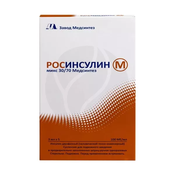 Изображение товара Росинсулин М микс 30/70 100 МЕ/мл 3мл - инсулин для диабета, двухфазный, 5 шт