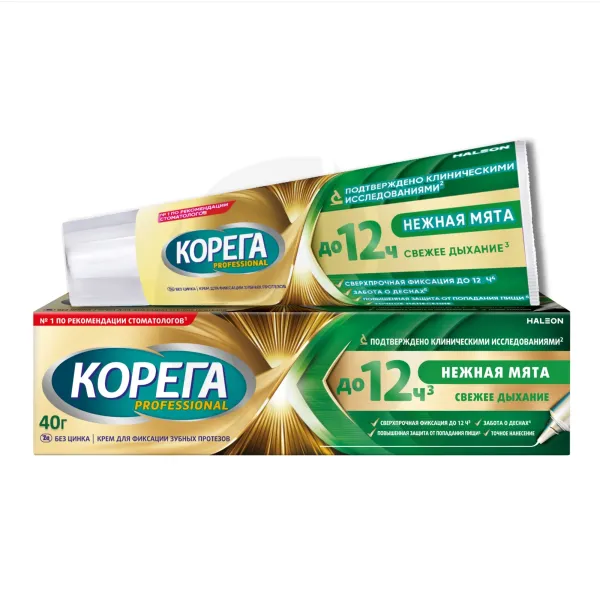Изображение товара Корега Professional Длительная свежесть крем для фиксации зубных протезов нежная мята, 40г Изображение товара Корега Professional Длительная свежесть крем для фиксации зубных протезов нежная мята, 40г
