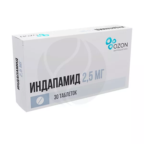 Изображение товара Индапамид таблетки покрыт. п/о 2,5мг, №30 ОЗОН Изображение товара Индапамид таблетки покрыт. п/о 2,5мг, №30 ОЗОН