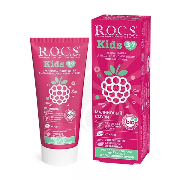 Изображение товара Детская зубная паста R.O.C.S. Kids Малиновый Смузи без фтора 45г для детей от 3 лет Изображение товара Детская зубная паста R.O.C.S. Kids Малиновый Смузи без фтора 45г для детей от 3 лет