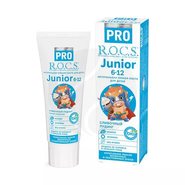 Изображение товара R.O.C.S. PRO Junior детская зубная паста со вкусом сливочный пудинг (6+), 74г Изображение товара R.O.C.S. PRO Junior детская зубная паста со вкусом сливочный пудинг (6+), 74г