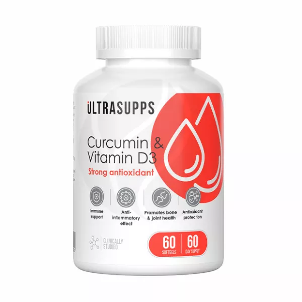 Изображение товара Капсулы с куркумином и витамином D3 УльтраSupps 60 шт. для поддержки иммунитета и здоровья костей