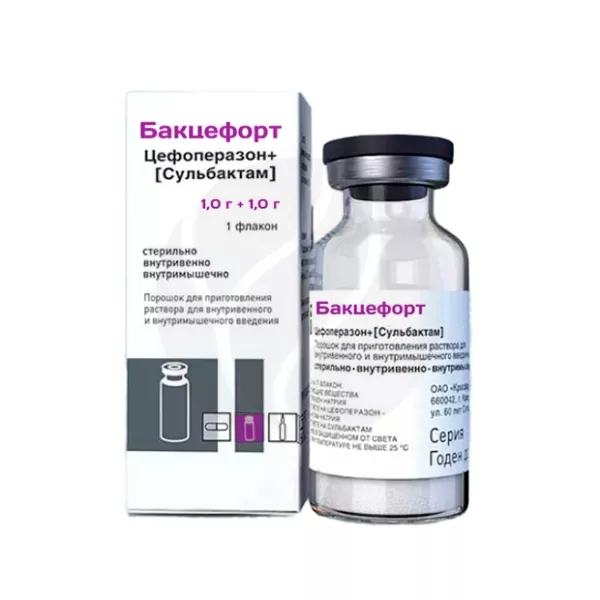 Изображение товара Бакцефорт порошок д/пригот. р-ра д/в/в и в/м введ. 1г+1г, №1, Красфарма Изображение товара Бакцефорт порошок д/пригот. р-ра д/в/в и в/м введ. 1г+1г, №1, Красфарма