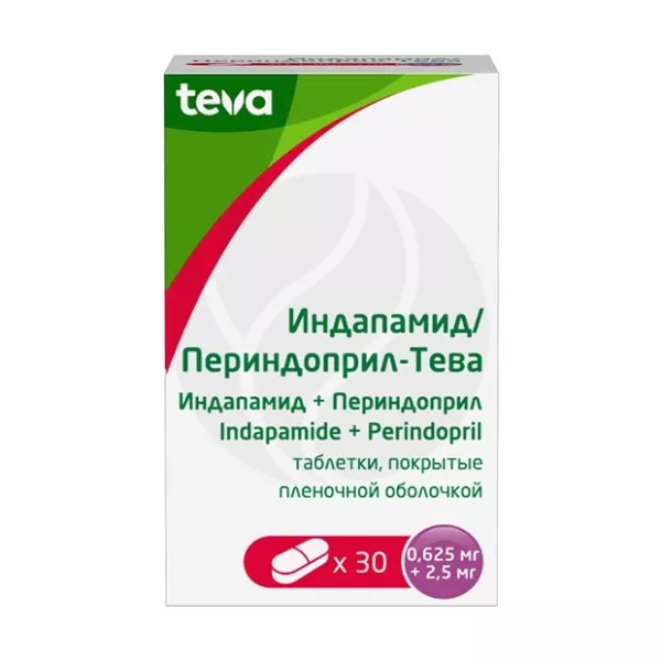 Изображение товара Индапамид Периндоприл-Тева таблетки покрыт. п/о 0,625мг+2,5мг, №30 Изображение товара Индапамид Периндоприл-Тева таблетки покрыт. п/о 0,625мг+2,5мг, №30