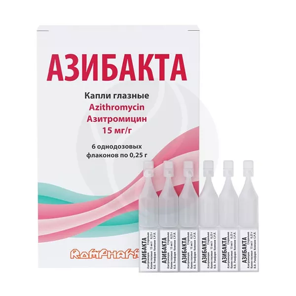 Изображение товара Капли глазные Азибакта Азитромицин 15мг/г 0,25г (3 дня) Изображение товара Капли глазные Азибакта Азитромицин 15мг/г 0,25г (3 дня)