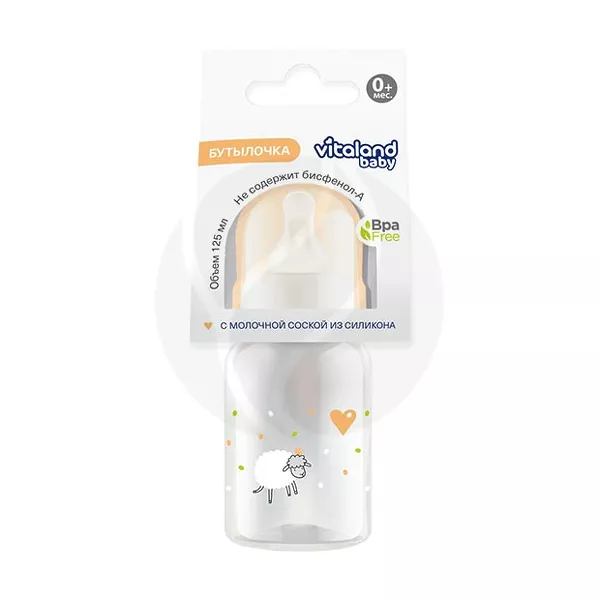 Изображение товара Бутылочка для кормления Vitaland baby 125 мл с соской из силикона (0+) Изображение товара Бутылочка для кормления Vitaland baby 125 мл с соской из силикона (0+)