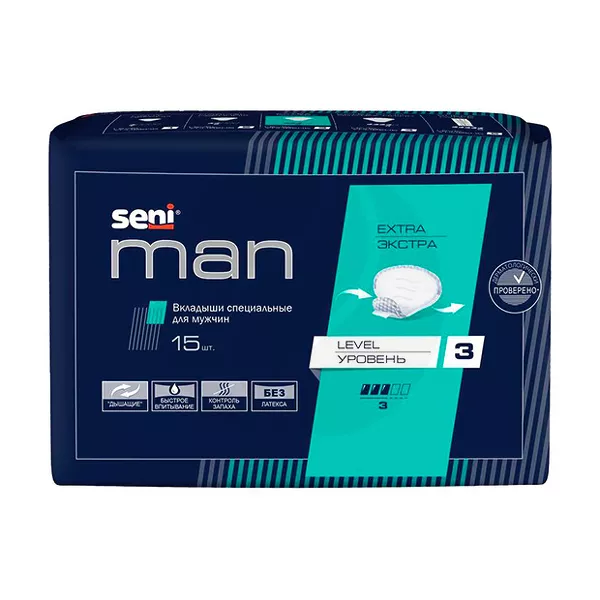 Изображение товара Вкладыши Seni Man Extra уровень 3, 15 шт - комфорт и сухость Изображение товара Вкладыши Seni Man Extra уровень 3, 15 шт - комфорт и сухость