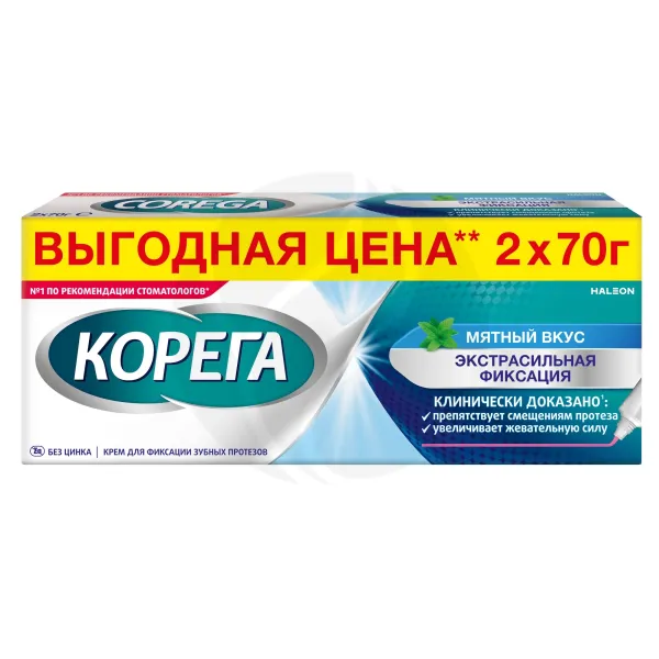 Изображение товара Корега экстрасильный крем для фиксации зубных протезов мятный 70г №2 Изображение товара Корега экстрасильный крем для фиксации зубных протезов мятный 70г №2