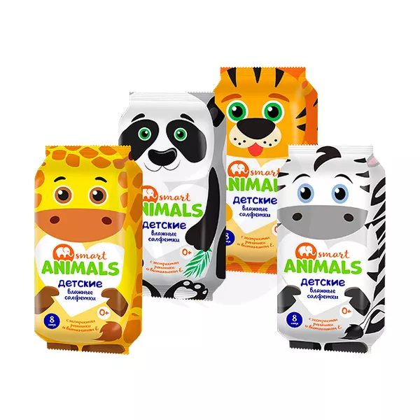 Изображение товара Smart Animals салфетки влажные детские с экстрактом ромашки и витамином Е, 8шт Изображение товара Smart Animals салфетки влажные детские с экстрактом ромашки и витамином Е, 8шт