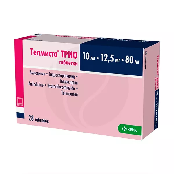 Изображение товара Телмиста Трио таблетки 10мг+12,5мг+80мг, №28 Изображение товара Телмиста Трио таблетки 10мг+12,5мг+80мг, №28