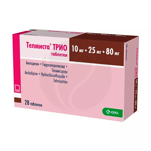Изображение товара Телмиста Трио таблетки 10мг+25мг+80мг, №28 Изображение товара Телмиста Трио таблетки 10мг+25мг+80мг, №28