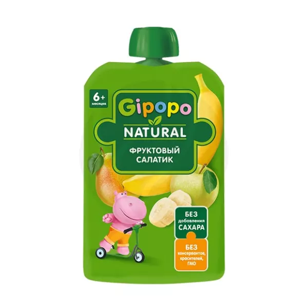 Изображение товара Детское фруктовое пюре Gipopo Фруктовый салатик 90г с яблоками грушами и бананами Для малышей 6+ ме
