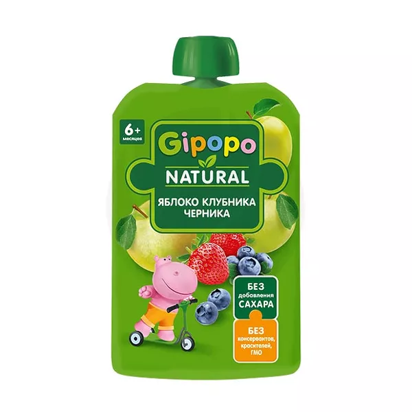 Изображение товара Детское фруктовое пюре GIPOPO яблоко, клубника, черника 90г без добавок Изображение товара Детское фруктовое пюре GIPOPO яблоко, клубника, черника 90г без добавок
