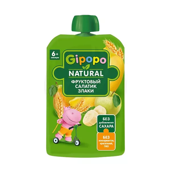 Изображение товара Gipopo пюре фруктовый салатик, злаки (6+мес), 90г Изображение товара Gipopo пюре фруктовый салатик, злаки (6+мес), 90г