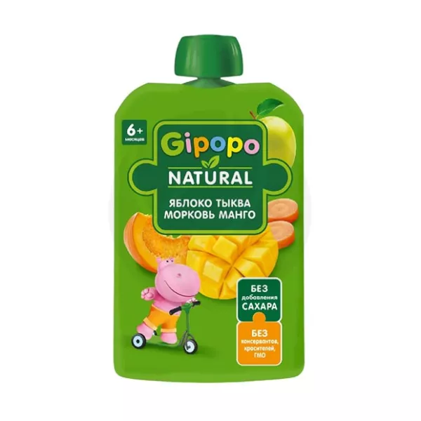 Изображение товара Детское фруктово-овощное пюре Gipopo 90г яблоко тыква морковь манго малый формат