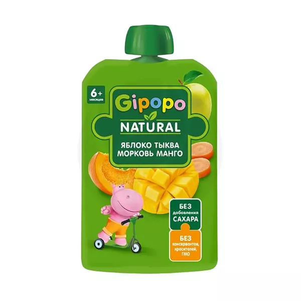 Изображение товара Детское фруктово-овощное пюре GIPPOpо Яблоко, Тыква, Морковь и Манго 90г Изображение товара Детское фруктово-овощное пюре GIPPOpо Яблоко, Тыква, Морковь и Манго 90г