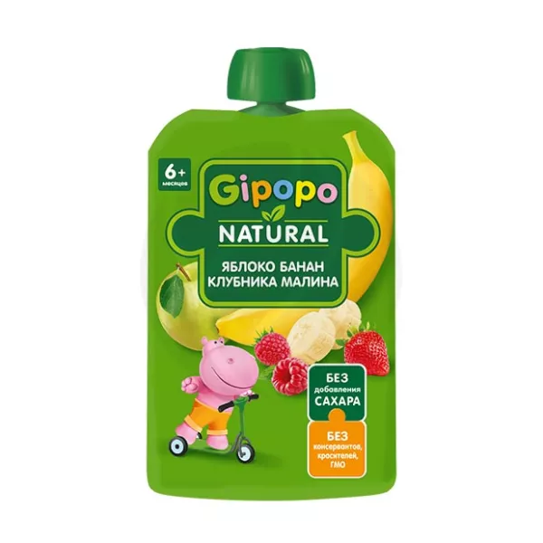 Gipopo пюре яблоко, банан, клубника, малина (6+ мес), 90г
