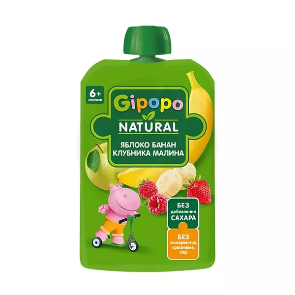 Изображение товара Gipopo пюре яблоко, банан, клубника, малина (6+мес), 90г Изображение товара Gipopo пюре яблоко, банан, клубника, малина (6+мес), 90г