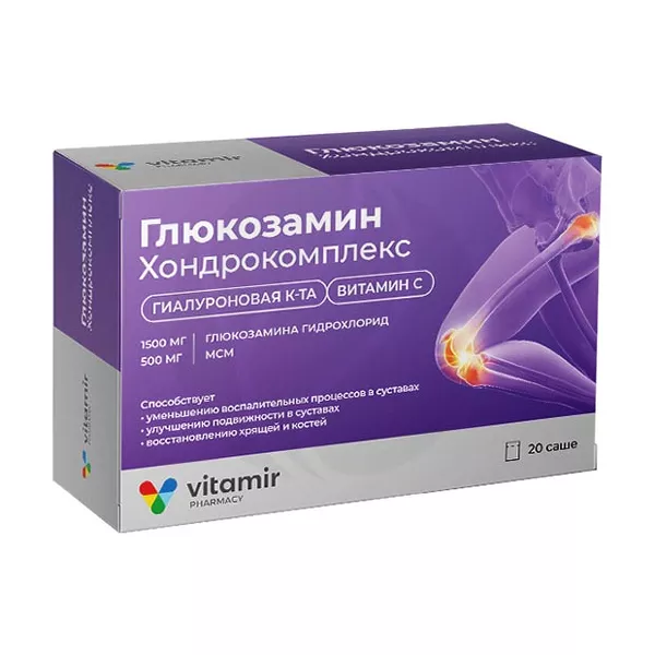 Изображение товара Порошок для приема внутрь Глюкозамин Хондрокомплекс Vitamir №20 Изображение товара Порошок для приема внутрь Глюкозамин Хондрокомплекс Vitamir №20