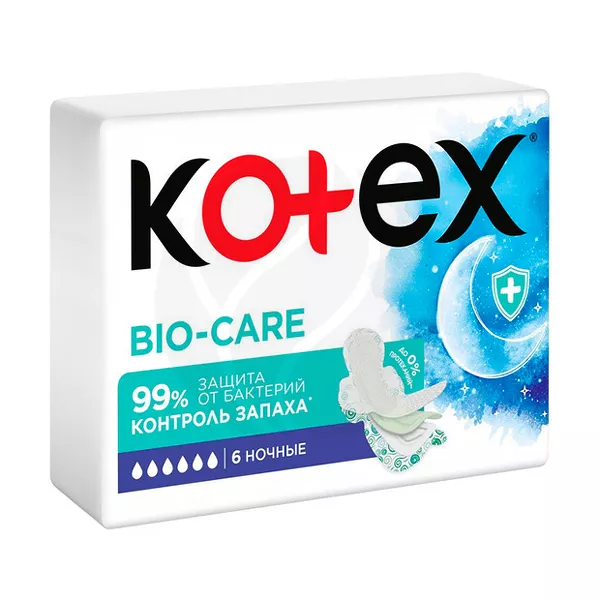 Изображение товара Kotex Bio Care прокладки ночные, 6шт Изображение товара Kotex Bio Care прокладки ночные, 6шт